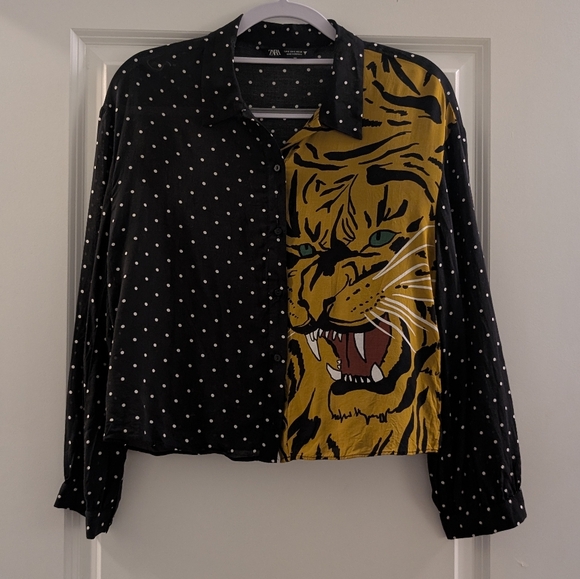 Zara- Black And Tiger Cropped Button Down Blouse with White Dots - Picture 1 of 9